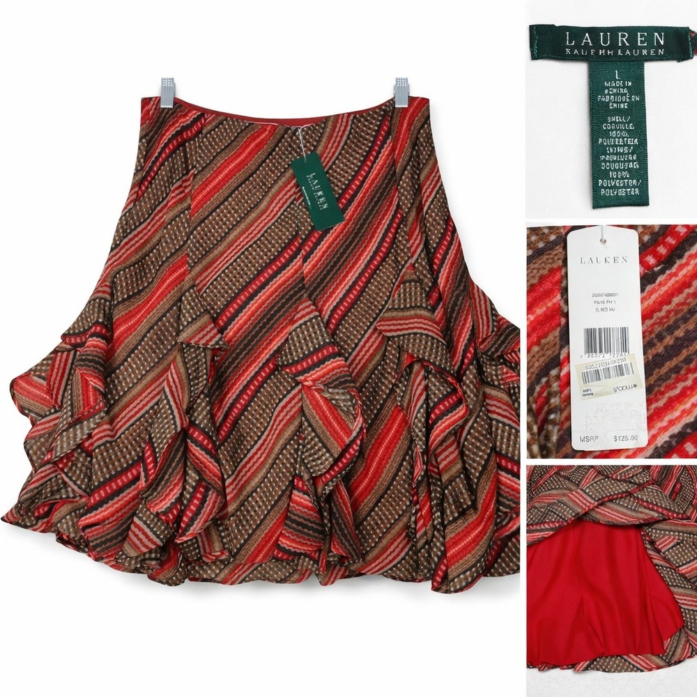 NEW Lauren‎ Ralph Lauren Skirt Womens L Red Brown Striped Ruffle Flowy Boho Chic